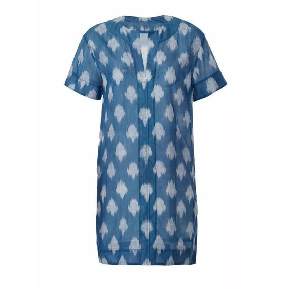 Theory Slit Front Sheer Tunic Dress Blue Gray Ikat Pattern Size P - Picture 2 of 10